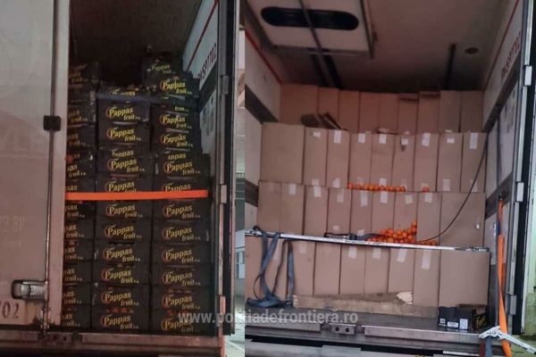 Țigări de contrabandă în valoare de peste 2 milioane de euro, descoperite într-un tir, în spatele unui „capac” din cutii de portocale